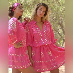 Gybizia Ebba mini dress embroidered mirror ruffles split tiered cerise barbie